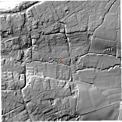 Shaded relief map of the ground around TA66QL, computed from Environment Agency LiDAR. The ground here sits at about 30 m above sea level and falls 19 m across the surrounding 800 m. Surface water reaching this point runs off ground lying to the west-north-west, 12.9 m higher.