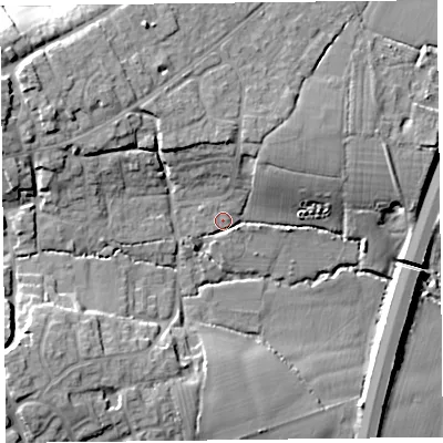 Shaded relief map of the ground around TA66QX, computed from Environment Agency LiDAR. The ground here sits at about 30 m above sea level and falls 19 m across the surrounding 800 m. Surface water reaching this point runs off ground lying to the west-north-west, 12.2 m higher.