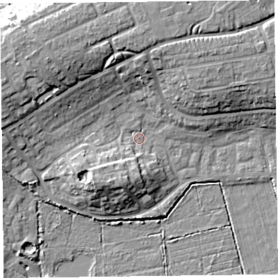 Shaded relief map of the ground around TA66RU, computed from Environment Agency LiDAR. The ground here sits at about 7 m above sea level and falls 14 m across the surrounding 800 m. Surface water reaching this point runs off ground lying to the north-west, 11.0 m higher.