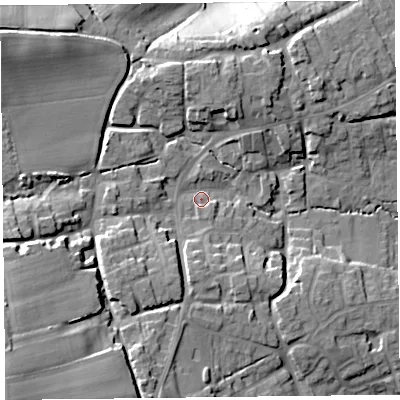 Shaded relief map of the ground around TA66SD, computed from Environment Agency LiDAR. The ground here sits at about 35 m above sea level and falls 32 m across the surrounding 800 m. Surface water reaching this point runs off ground lying to the south-west, 23.5 m higher.