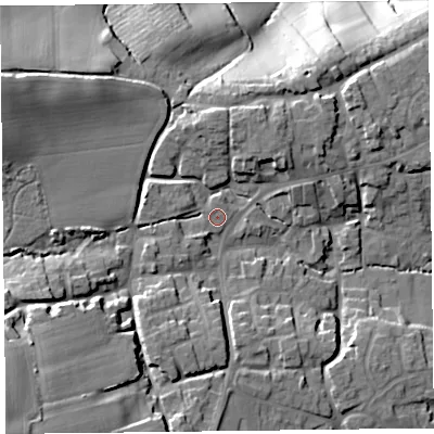 Shaded relief map of the ground around TA66SX, computed from Environment Agency LiDAR. The ground here sits at about 36 m above sea level and falls 40 m across the surrounding 800 m. Surface water reaching this point runs off ground lying to the west-south-west, 10.5 m higher.
