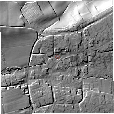 Shaded relief map of the ground around TA66SY, computed from Environment Agency LiDAR. The ground here sits at about 35 m above sea level and falls 40 m across the surrounding 800 m. Surface water reaching this point runs off ground lying to the west-north-west, 12.8 m higher.