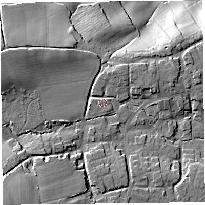 Shaded relief map of the ground around TA66SZ, computed from Environment Agency LiDAR. The ground here sits at about 38 m above sea level and falls 45 m across the surrounding 800 m. Surface water reaching this point runs off ground lying to the west-north-west, 14.8 m higher.