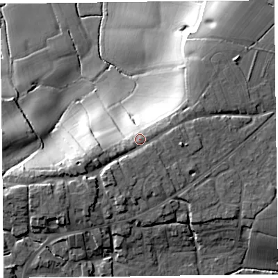 Shaded relief map of the ground around TA66TG, computed from Environment Agency LiDAR. The ground here sits at about 36 m above sea level and falls 35 m across the surrounding 800 m. Surface water reaching this point runs off ground lying to the west-south-west, 6.1 m higher.