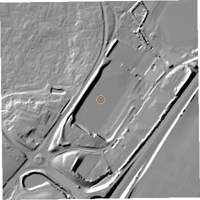 Shaded relief map of the ground around TA66TS, computed from Environment Agency LiDAR. The ground here sits at about 10 m above sea level and falls 21 m across the surrounding 800 m. Surface water reaching this point runs off ground lying to the north-north-west, 7.1 m higher.