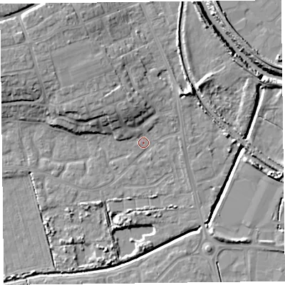 Shaded relief map of the ground around TA66UB, computed from Environment Agency LiDAR. The ground here sits at about 6 m above sea level and falls 12 m across the surrounding 800 m. Surface water reaching this point runs off ground lying to the north-west, 6.4 m higher.