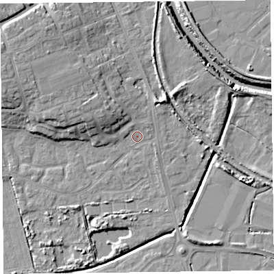 Shaded relief map of the ground around TA66UD, computed from Environment Agency LiDAR. The ground here sits at about 6 m above sea level and falls 12 m across the surrounding 800 m. Surface water reaching this point runs off ground lying to the north-north-west, 3.1 m higher.