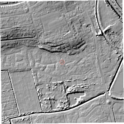 Shaded relief map of the ground around TA66UF, computed from Environment Agency LiDAR. The ground here sits at about 6 m above sea level and falls 12 m across the surrounding 800 m. Surface water reaching this point runs off ground lying to the north, 6.6 m higher.