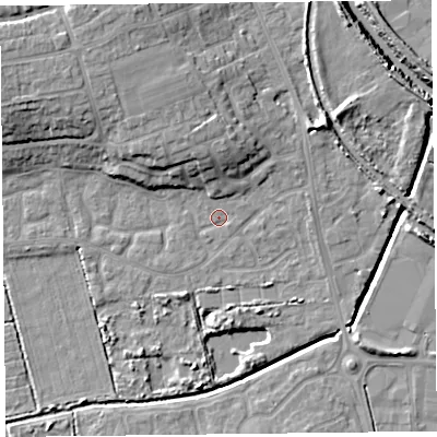 Shaded relief map of the ground around TA66UG, computed from Environment Agency LiDAR. The ground here sits at about 6 m above sea level and falls 12 m across the surrounding 800 m. Surface water reaching this point runs off ground lying to the north-north-west, 6.5 m higher.