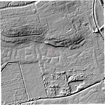 Shaded relief map of the ground around TA66UN, computed from Environment Agency LiDAR. The ground here sits at about 6 m above sea level and falls 12 m across the surrounding 800 m. Surface water reaching this point runs off ground lying to the north-north-east, 7.1 m higher.