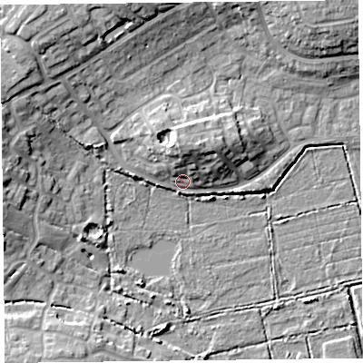 Shaded relief map of the ground around TA66UP, computed from Environment Agency LiDAR. The ground here sits at about 7 m above sea level and falls 14 m across the surrounding 800 m. Surface water reaching this point runs off ground lying to the north-west, 11.1 m higher.