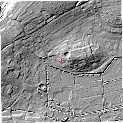 Shaded relief map of the ground around TA66UR, computed from Environment Agency LiDAR. The ground here sits at about 8 m above sea level and falls 14 m across the surrounding 800 m. Surface water reaching this point runs off ground lying to the east-north-east, 5.7 m higher.