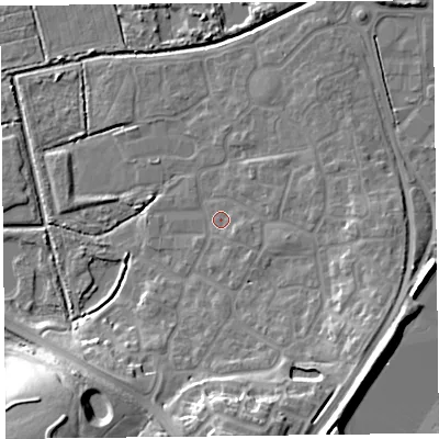 Shaded relief map of the ground around TA66WF, computed from Environment Agency LiDAR. The ground here sits at about 6 m above sea level and falls 21 m across the surrounding 800 m. Surface water reaching this point runs off ground lying to the south-east, 2.0 m higher.