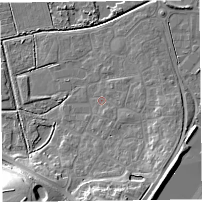 Shaded relief map of the ground around TA66WG, computed from Environment Agency LiDAR. The ground here sits at about 6 m above sea level and falls 21 m across the surrounding 800 m. Surface water reaching this point runs off ground lying to the east, 4.6 m higher.