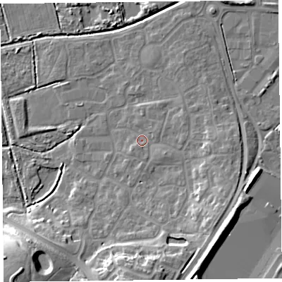 Shaded relief map of the ground around TA66WH, computed from Environment Agency LiDAR. The ground here sits at about 6 m above sea level and falls 21 m across the surrounding 800 m. Surface water reaching this point runs off ground lying to the east, 4.3 m higher.