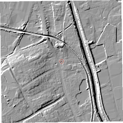 Shaded relief map of the ground around TA66WL, computed from Environment Agency LiDAR. The ground here sits at about 7 m above sea level and falls 13 m across the surrounding 800 m. Surface water reaching this point runs off ground lying to the north, 5.3 m higher.