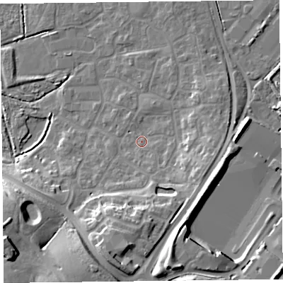 Shaded relief map of the ground around TA66WP, computed from Environment Agency LiDAR. The ground here sits at about 8 m above sea level and falls 23 m across the surrounding 800 m. Surface water reaching this point runs off ground lying to the south-south-west, 15.2 m higher.