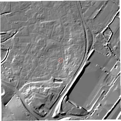 Shaded relief map of the ground around TA66WQ, computed from Environment Agency LiDAR. The ground here sits at about 8 m above sea level and falls 21 m across the surrounding 800 m. Surface water reaching this point runs off ground lying to the south-east, 6.3 m higher.