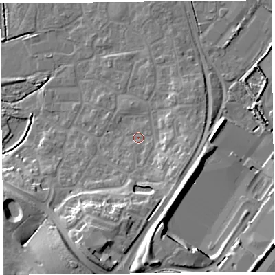 Shaded relief map of the ground around TA66WS, computed from Environment Agency LiDAR. The ground here sits at about 8 m above sea level and falls 20 m across the surrounding 800 m. Surface water reaching this point runs off ground lying to the south-east, 6.8 m higher.