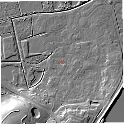 Shaded relief map of the ground around TA66WW, computed from Environment Agency LiDAR. The ground here sits at about 6 m above sea level and falls 22 m across the surrounding 800 m. Surface water reaching this point runs off ground lying to the east, 4.9 m higher.