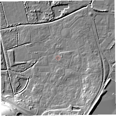 Shaded relief map of the ground around TA66XP, computed from Environment Agency LiDAR. The ground here sits at about 6 m above sea level and falls 19 m across the surrounding 800 m. Surface water reaching this point runs off ground lying to the east-south-east, 1.7 m higher.