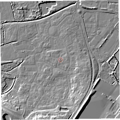 Shaded relief map of the ground around TA66XQ, computed from Environment Agency LiDAR. The ground here sits at about 8 m above sea level and falls 17 m across the surrounding 800 m. Surface water reaching this point runs off ground lying to the east, 0.6 m higher.