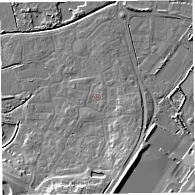 Shaded relief map of the ground around TA66XS, computed from Environment Agency LiDAR. The ground here sits at about 8 m above sea level and falls 15 m across the surrounding 800 m. Surface water reaching this point runs off ground lying to the south-south-east, 0.9 m higher.