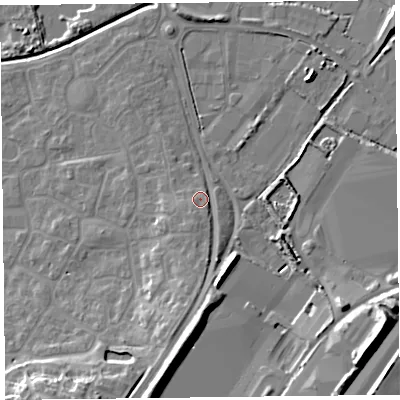 Shaded relief map of the ground around TA66XT, computed from Environment Agency LiDAR. The ground here sits at about 9 m above sea level and falls 15 m across the surrounding 800 m. Surface water reaching this point runs off ground lying to the south, 9.1 m higher.