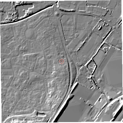 Shaded relief map of the ground around TA66XU, computed from Environment Agency LiDAR. The ground here sits at about 8 m above sea level and falls 15 m across the surrounding 800 m. Surface water reaching this point runs off ground lying to the south, 3.3 m higher.