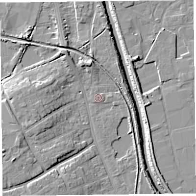 Shaded relief map of the ground around TA66XY, computed from Environment Agency LiDAR. The ground here sits at about 7 m above sea level and falls 13 m across the surrounding 800 m. Surface water reaching this point runs off ground lying to the south-west, 1.3 m higher.