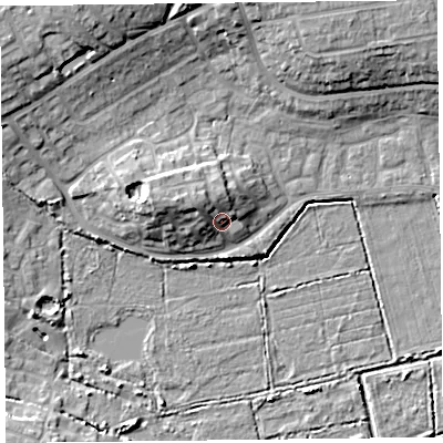 Shaded relief map of the ground around TA66YA, computed from Environment Agency LiDAR. The ground here sits at about 9 m above sea level and falls 14 m across the surrounding 800 m. Surface water reaching this point runs off ground lying to the north-west, 5.8 m higher.