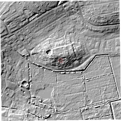 Shaded relief map of the ground around TA66YB, computed from Environment Agency LiDAR. The ground here sits at about 10 m above sea level and falls 14 m across the surrounding 800 m. Surface water reaching this point runs off ground lying to the north, 4.6 m higher.