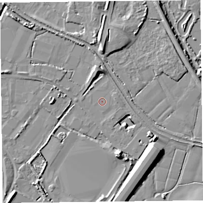 Shaded relief map of the ground around TA66YG, computed from Environment Agency LiDAR. The ground here sits at about 6 m above sea level and falls 14 m across the surrounding 800 m. Surface water reaching this point runs off ground lying to the east-north-east, 1.5 m higher.