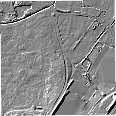 Shaded relief map of the ground around TA66YN, computed from Environment Agency LiDAR. The ground here sits at about 8 m above sea level and falls 15 m across the surrounding 800 m. Surface water reaching this point runs off ground lying to the south, 3.5 m higher.