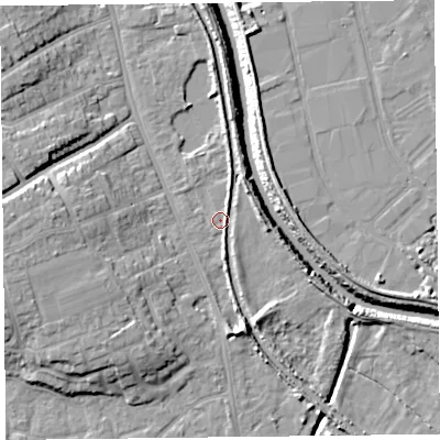Shaded relief map of the ground around TA66ZF, computed from Environment Agency LiDAR. The ground here sits at about 6 m above sea level and falls 12 m across the surrounding 800 m. Surface water reaching this point runs off ground lying to the west-south-west, 7.6 m higher.
