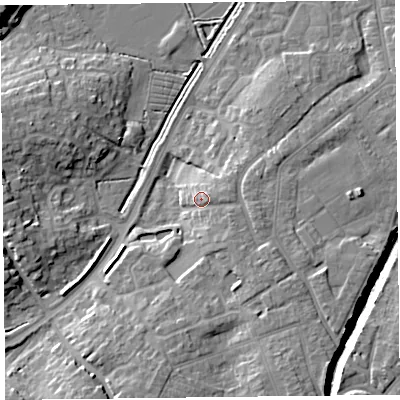 Shaded relief map of the ground around TA67AJ, computed from Environment Agency LiDAR. The ground here sits at about 10 m above sea level and falls 10 m across the surrounding 800 m. Surface water reaching this point runs off ground lying to the east-south-east, 3.4 m higher.