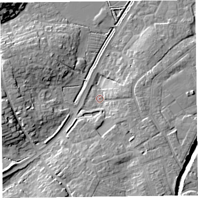 Shaded relief map of the ground around TA67AL, computed from Environment Agency LiDAR. The ground here sits at about 7 m above sea level and falls 15 m across the surrounding 800 m. Surface water reaching this point runs off ground lying to the south, 9.3 m higher.