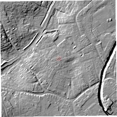 Shaded relief map of the ground around TA67AU, computed from Environment Agency LiDAR. The ground here sits at about 12 m above sea level and falls 21 m across the surrounding 800 m. Surface water reaching this point runs off ground lying to the south-south-west, 1.5 m higher.