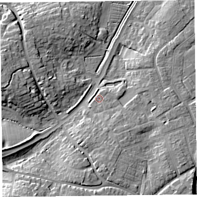 Shaded relief map of the ground around TA67AX, computed from Environment Agency LiDAR. The ground here sits at about 9 m above sea level and falls 19 m across the surrounding 800 m. Surface water reaching this point runs off ground lying to the south-south-east, 2.4 m higher.