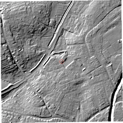 Shaded relief map of the ground around TA67AY, computed from Environment Agency LiDAR. The ground here sits at about 9 m above sea level and falls 18 m across the surrounding 800 m. Surface water reaching this point runs off ground lying to the south, 7.7 m higher.