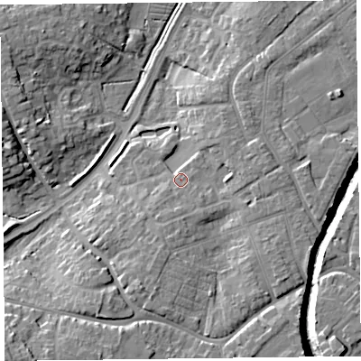 Shaded relief map of the ground around TA67BA, computed from Environment Agency LiDAR. The ground here sits at about 11 m above sea level and falls 19 m across the surrounding 800 m. Surface water reaching this point runs off ground lying to the south, 3.4 m higher.