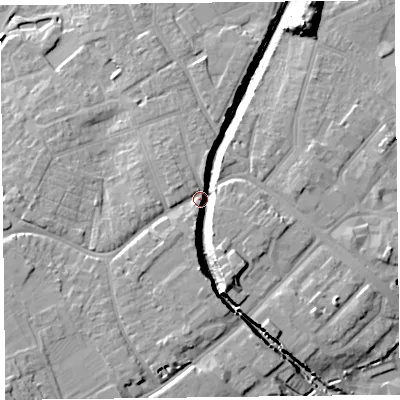 Shaded relief map of the ground around TA67DJ, computed from Environment Agency LiDAR. The ground here sits at about 13 m above sea level and falls 16 m across the surrounding 800 m. Surface water reaching this point runs off ground lying to the south-west, 15.2 m higher.