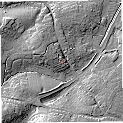 Shaded relief map of the ground around TA67PN, computed from Environment Agency LiDAR. The ground here sits at about 14 m above sea level and falls 23 m across the surrounding 800 m. Surface water reaching this point runs off ground lying to the west-north-west, 4.2 m higher.