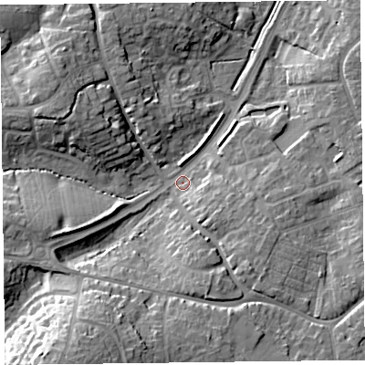 Shaded relief map of the ground around TA67QU, computed from Environment Agency LiDAR. The ground here sits at about 9 m above sea level and falls 24 m across the surrounding 800 m. Surface water reaching this point runs off ground lying to the south-west, 20.7 m higher.