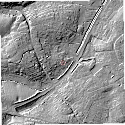Shaded relief map of the ground around TA67QY, computed from Environment Agency LiDAR. The ground here sits at about 9 m above sea level and falls 15 m across the surrounding 800 m. Surface water reaching this point runs off ground lying to the west, 2.1 m higher.