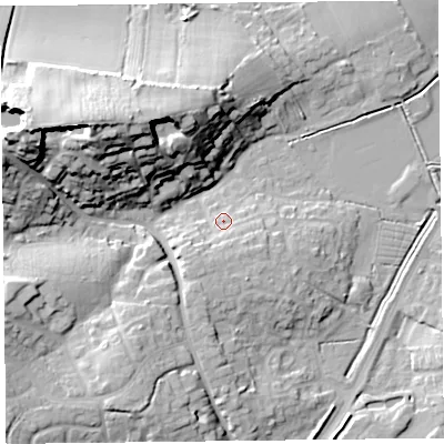 Shaded relief map of the ground around TA67RD, computed from Environment Agency LiDAR. The ground here sits at about 9 m above sea level and falls 31 m across the surrounding 800 m. Surface water reaching this point runs off ground lying to the south-south-west, 5.3 m higher.