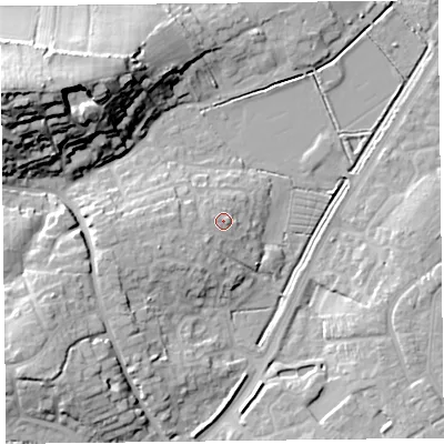 Shaded relief map of the ground around TA67RF, computed from Environment Agency LiDAR. The ground here sits at about 10 m above sea level and falls 30 m across the surrounding 800 m. Surface water reaching this point runs off ground lying to the west-south-west, 2.1 m higher.
