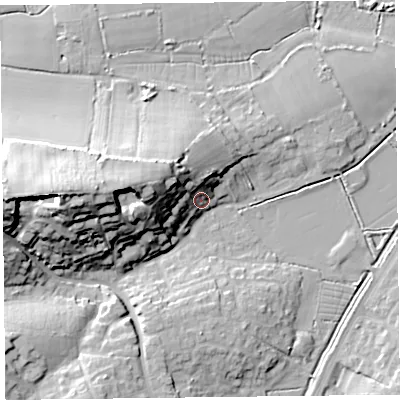 Shaded relief map of the ground around TA67RL, computed from Environment Agency LiDAR. The ground here sits at about 10 m above sea level and falls 31 m across the surrounding 800 m. Surface water reaching this point runs off ground lying to the west-north-west, 22.0 m higher.