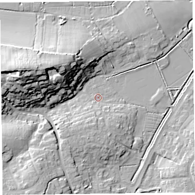 Shaded relief map of the ground around TA67RN, computed from Environment Agency LiDAR. The ground here sits at about 7 m above sea level and falls 31 m across the surrounding 800 m. Surface water reaching this point runs off ground lying to the south, 6.0 m higher.