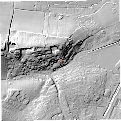 Shaded relief map of the ground around TA67RQ, computed from Environment Agency LiDAR. The ground here sits at about 14 m above sea level and falls 32 m across the surrounding 800 m. Surface water reaching this point runs off ground lying to the north-west, 19.5 m higher.